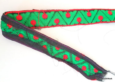 Black Fabric Trim With Green And Red Thread Embroidery, Cotton Trim,Approx. 30mm wide